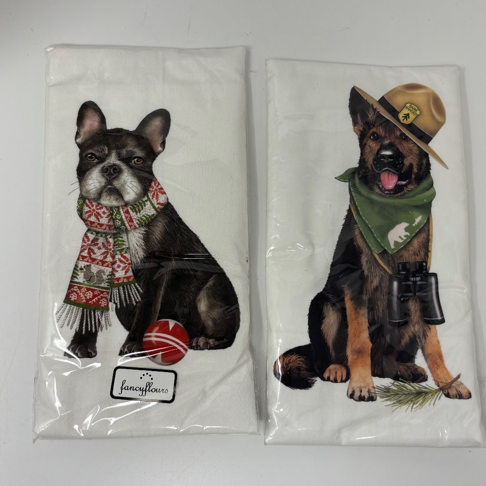 Mary Lake Thompson Two Flour Sack Towels Dogs German Shepherd Boston Terrier